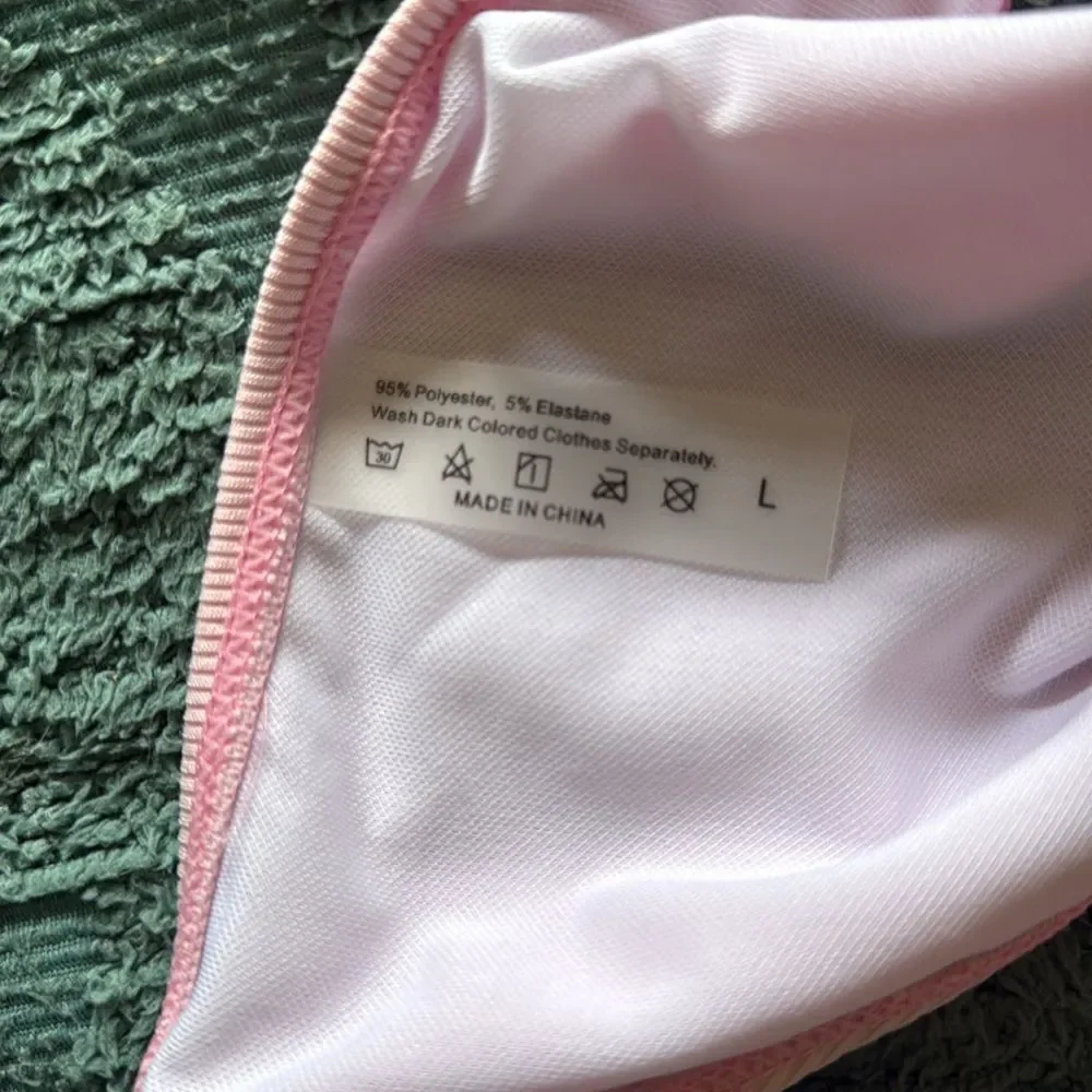 Unknown Brand Pink Ribbed String Bikini With Floral Trim Size L